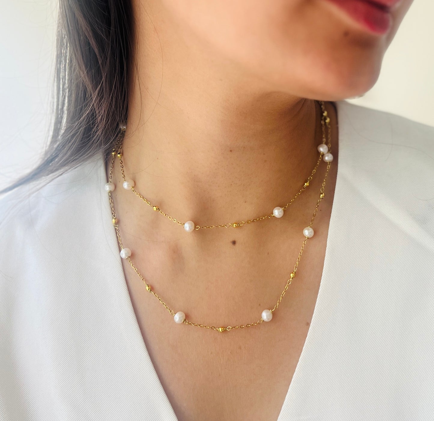 Two-Layer Pearl with Golden Beads Necklace