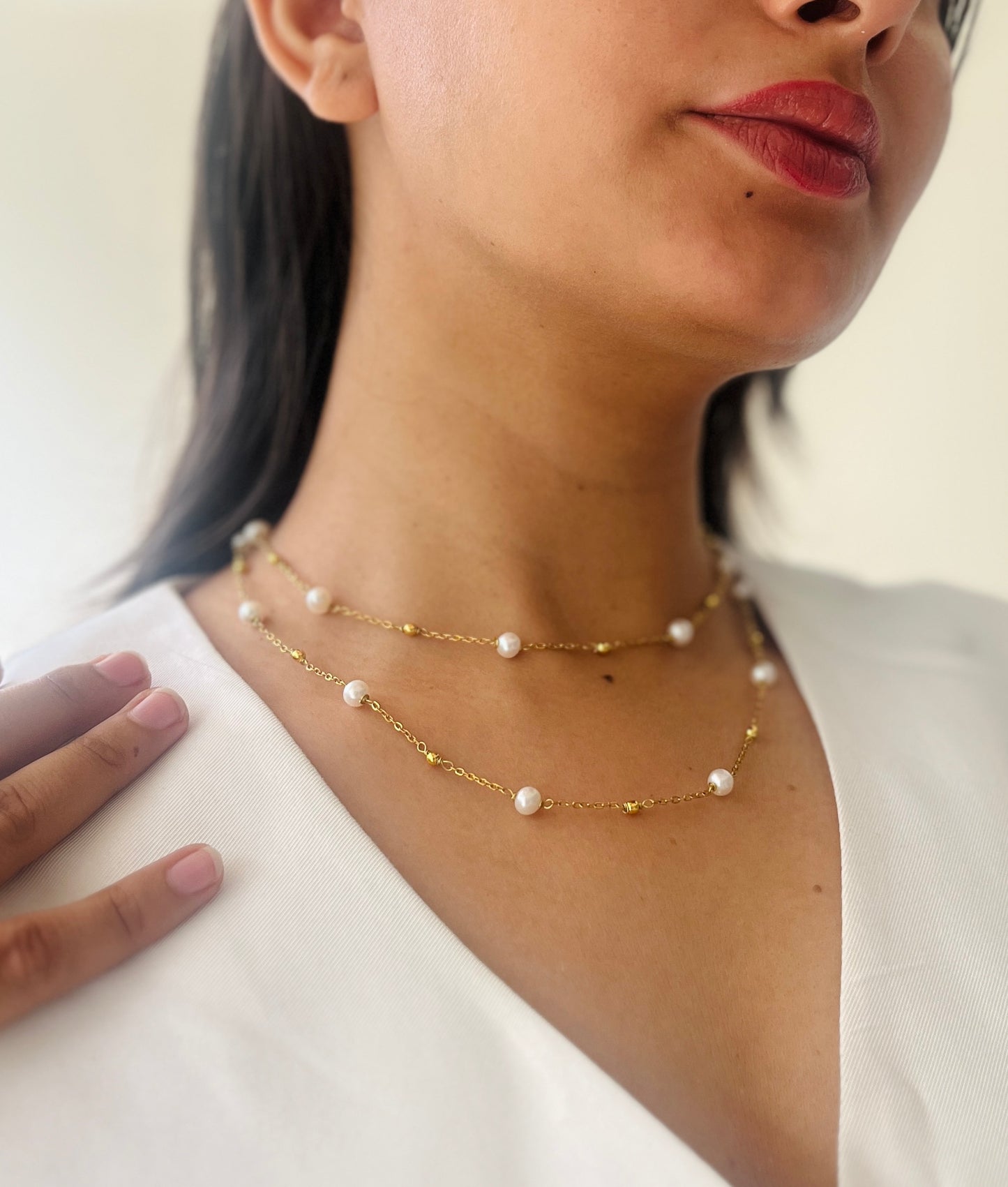 Two-Layer Pearl with Golden Beads Necklace