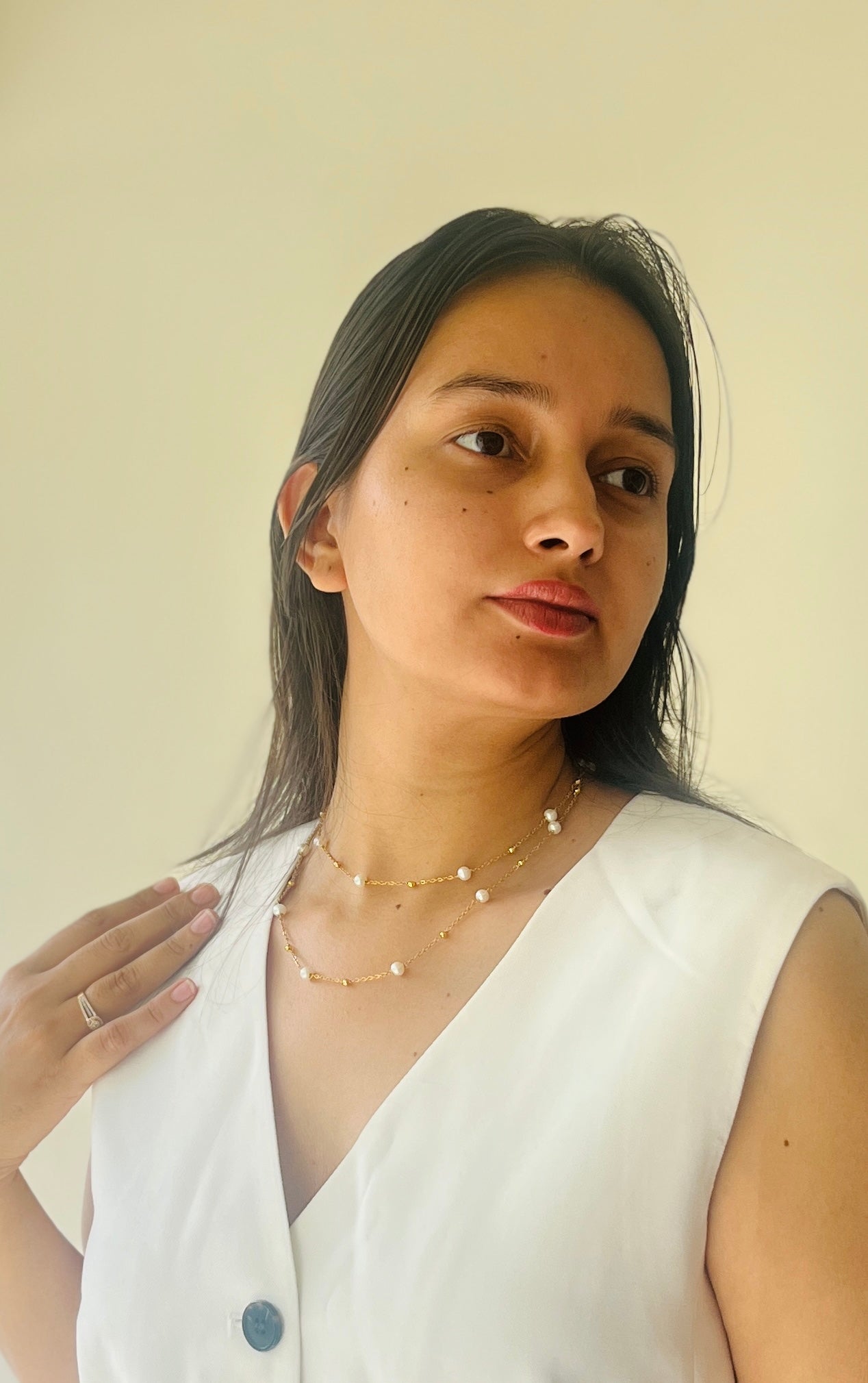 Two-Layer Pearl with Golden Beads Necklace