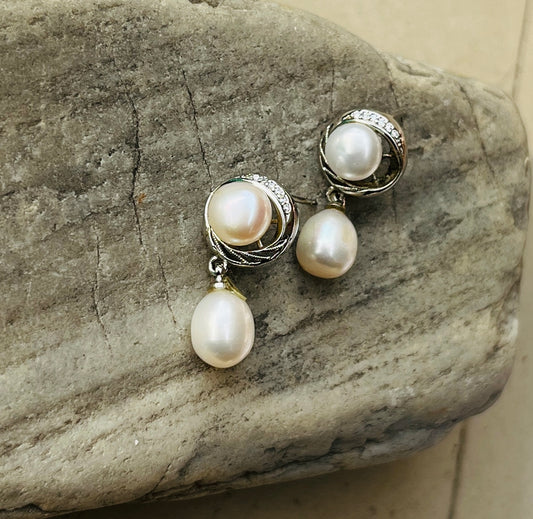 The silver double pearl drop earrings