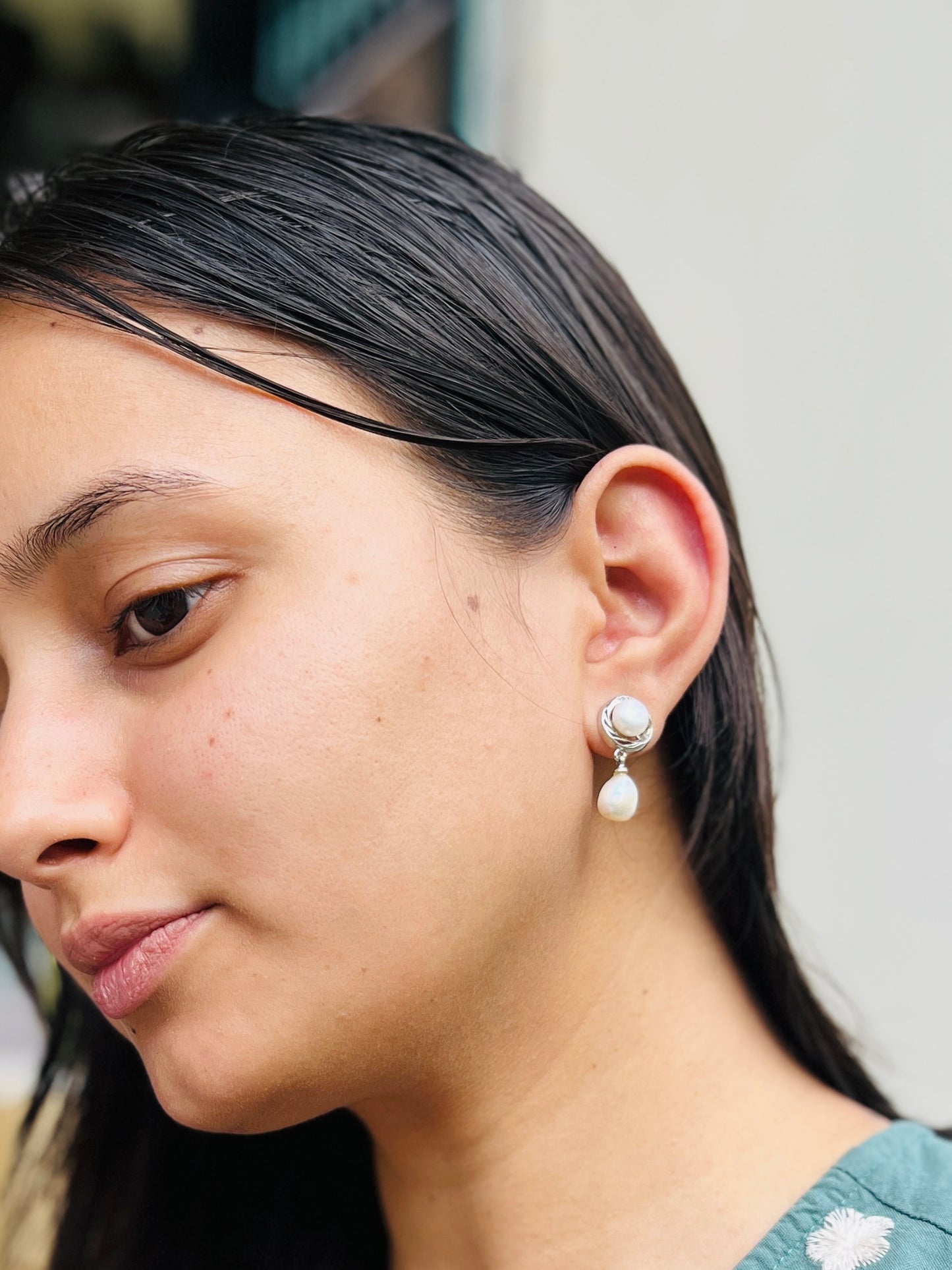 The silver double pearl drop earrings