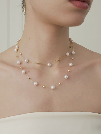 Two-Layer Pearl with Golden Beads Necklace