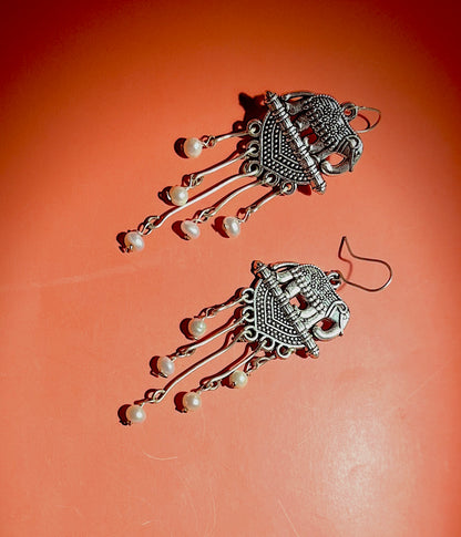 Oxidised Elephant multiple pearl drop earrings