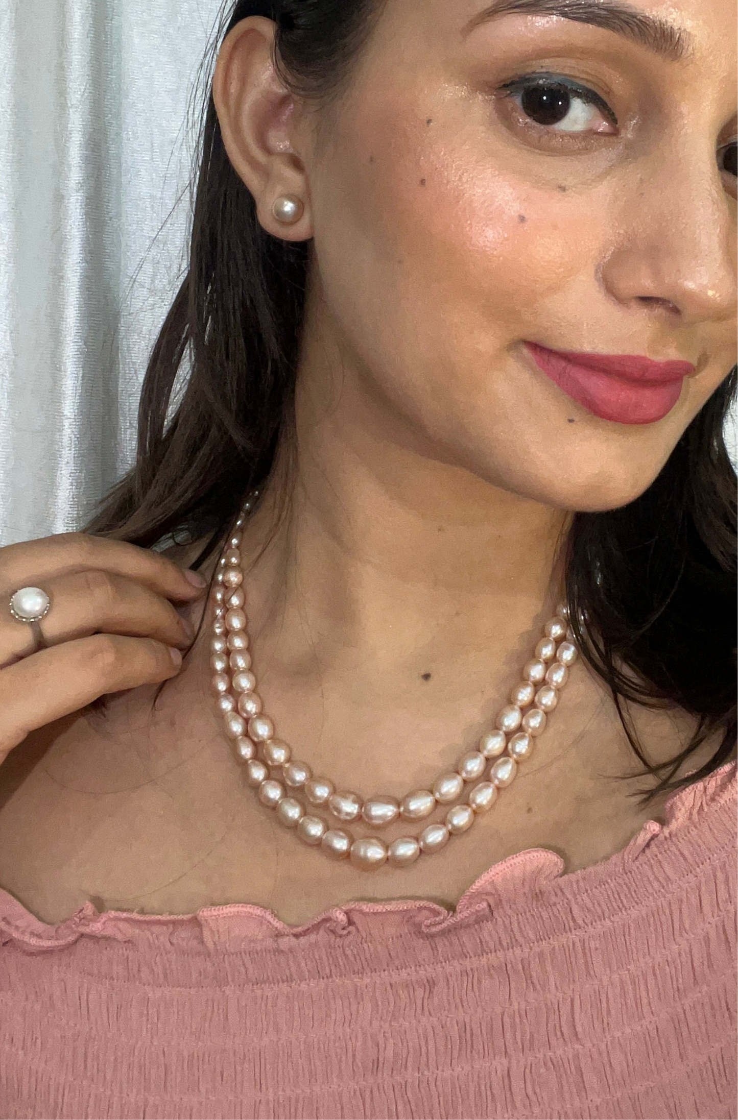 Cindrella double layer pink oval pearl necklace