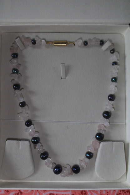 Black pearl with pink semi precious stone necklace